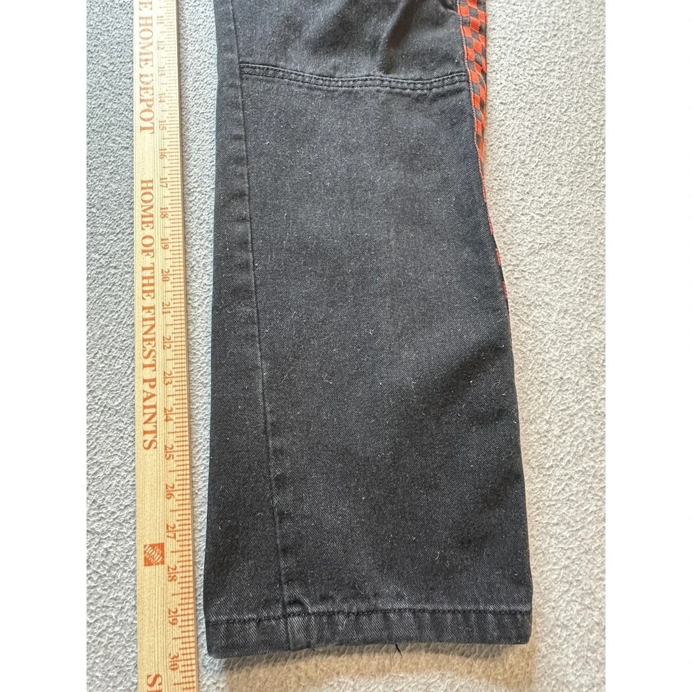 Lion Dynasty Jeans Mens 42x30 Black Denim Moto Biker Ribbed Red Checkered Stripe